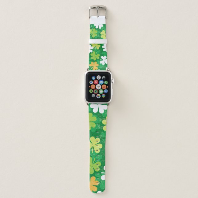Seamless pattern of scattered clovers and shamrock apple watch band (Front)