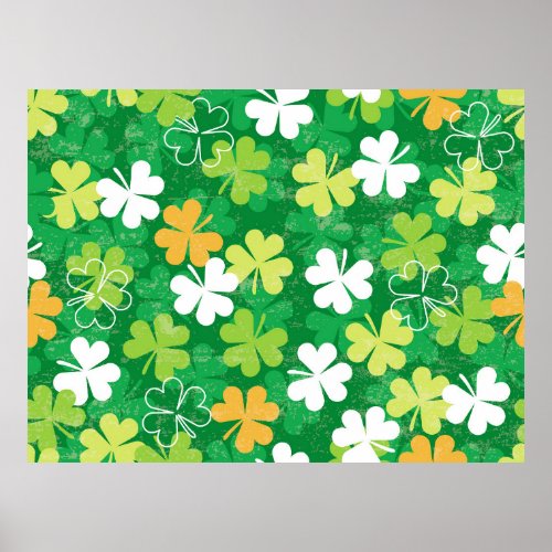 Seamless pattern of scattered clovers and shamrock poster