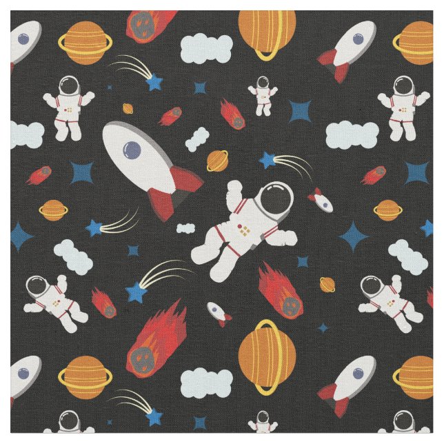 Seamless Pattern Of Space, Astronauts, Rockets Fabric (Close Up)