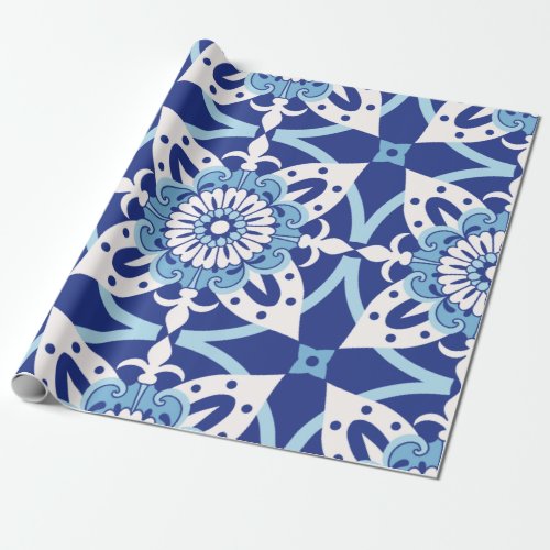 Seamless Pattern Oriental Style Blue White Wrapping Paper