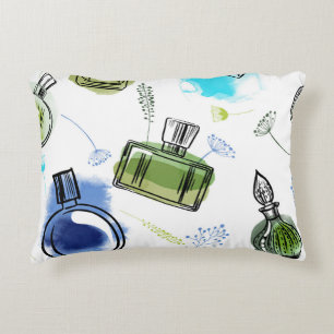 Seamless pattern parfum bottle and watercolor text accent pillow