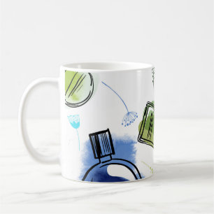 Seamless pattern parfum bottle and watercolor text coffee mug