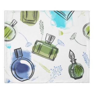 Seamless pattern parfum bottle and watercolor text duvet cover