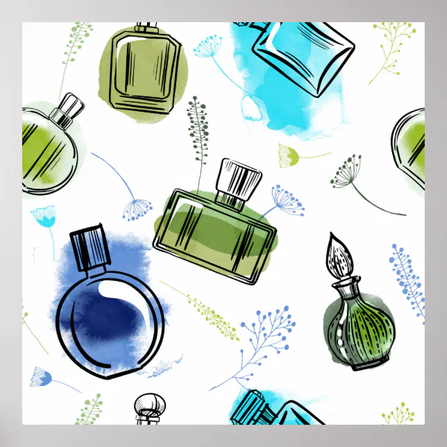 Seamless pattern parfum bottle and watercolor text poster | Zazzle