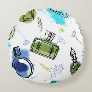 Seamless pattern parfum bottle and watercolor text round pillow