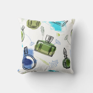 Seamless pattern parfum bottle and watercolor text throw pillow