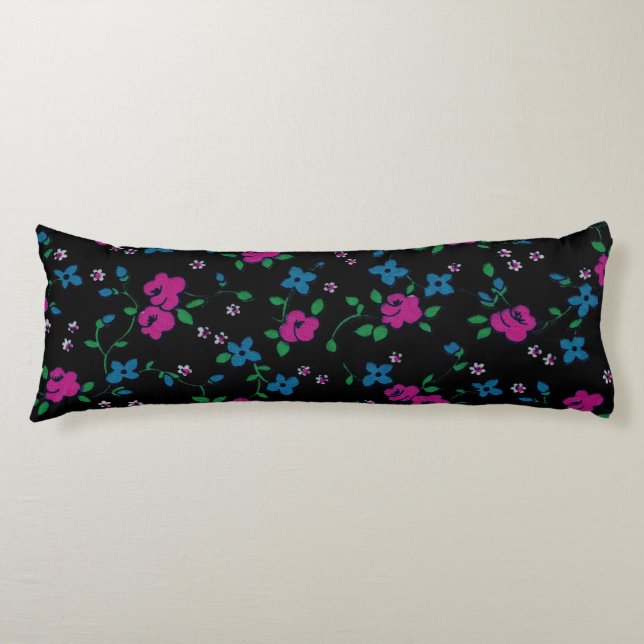 Seamless Pattern Pink blue flowers, green leaves Body Pillow (Front)