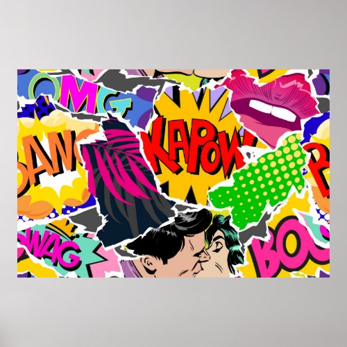 Seamless pattern pop art comics style Collage of  Poster