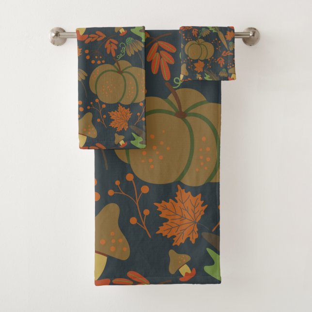 Seamless pattern Pumpkin & carrot dark background Bath Towel Set (Insitu)