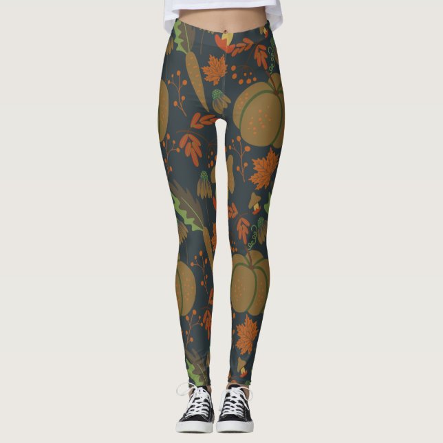 Seamless pattern Pumpkin & carrot dark background Leggings (Front)