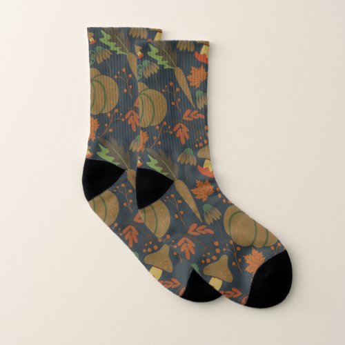 Seamless pattern Pumpkin  carrot dark background Socks