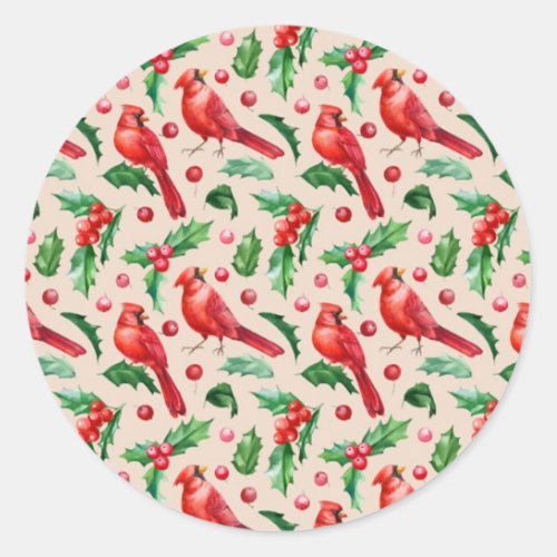 Seamless pattern red cardinal birds  classic round sticker