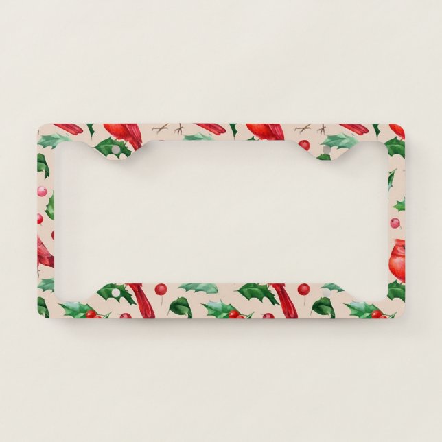 Seamless pattern red cardinal birds  license plate frame (Front)