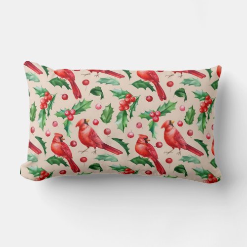 Seamless pattern red cardinal birds  lumbar pillow