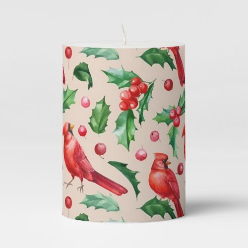 Seamless pattern red cardinal birds  pillar candle