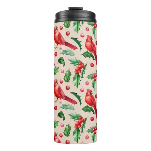 Seamless pattern red cardinal birds  thermal tumbler