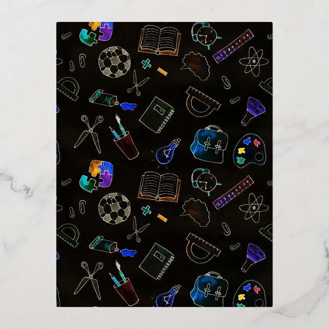 Seamless pattern school supplies, school foil holiday postcard (Front)