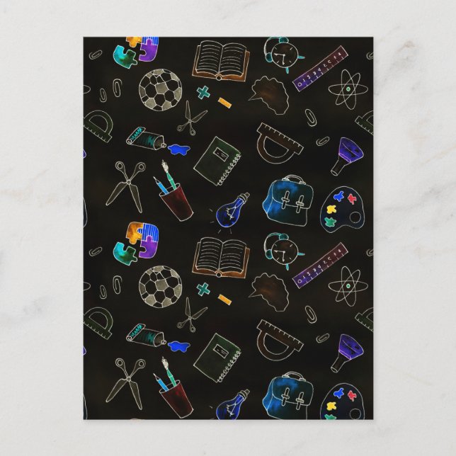 Seamless pattern school supplies, school holiday postcard (Front)