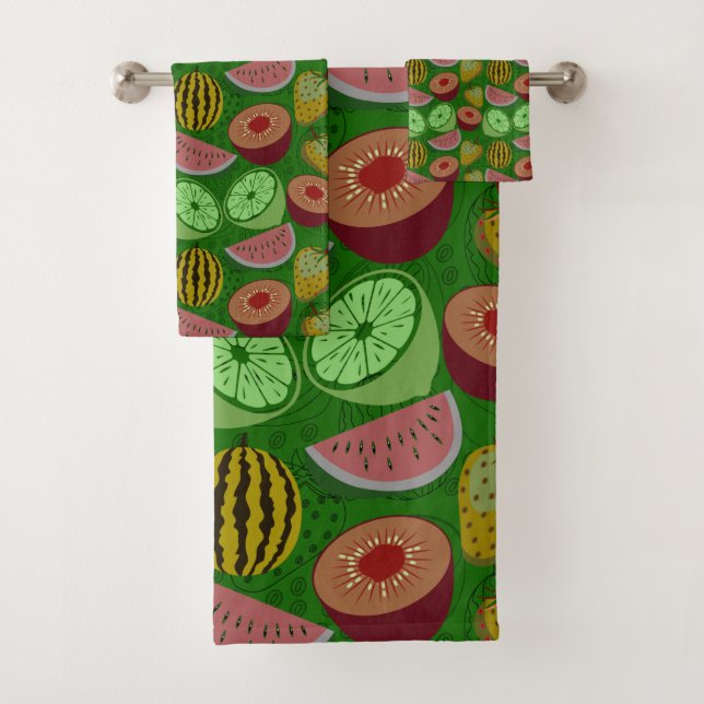 Seamless pattern tropical fruit & green background bath towel set (Insitu)