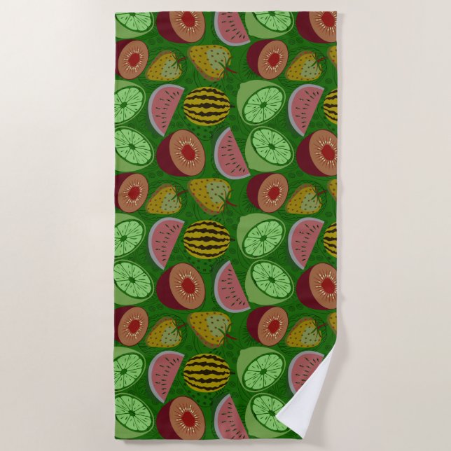 Seamless pattern tropical fruit & green background beach towel (Front)