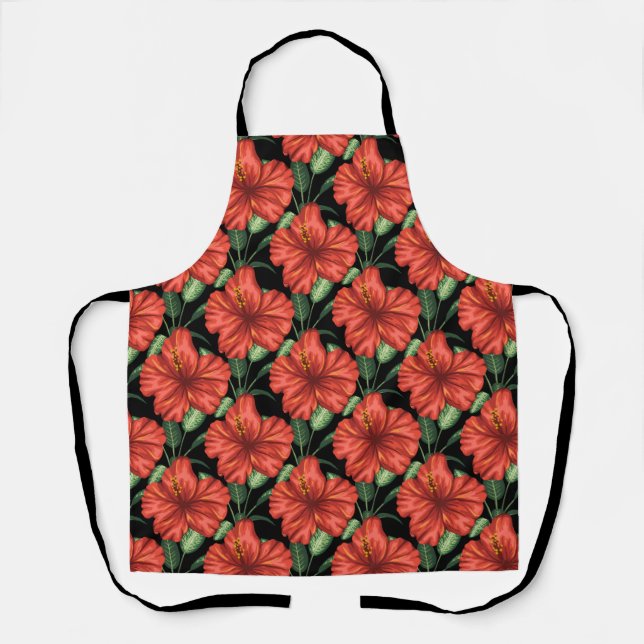 Seamless pattern Tropical red flowers green leaves Apron (Front)