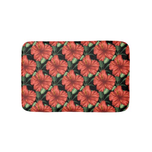 Seamless pattern Tropical red flowers green leaves Bath Mat