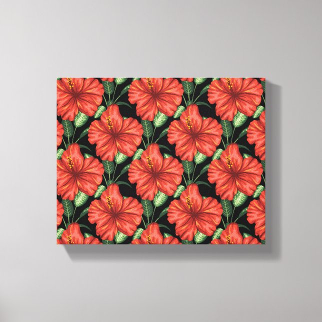 Seamless pattern Tropical red flowers green leaves Canvas Print (Front)