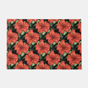 Seamless pattern Tropical red flowers green leaves Doormat