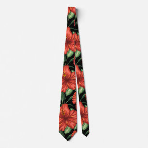 Seamless pattern Tropical red flowers green leaves Neck Tie