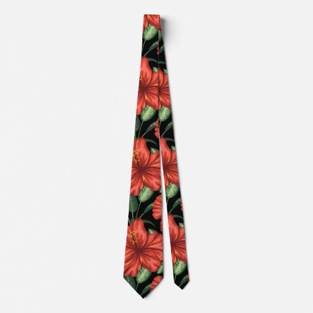 Seamless pattern Tropical red flowers green leaves Neck Tie (Front)