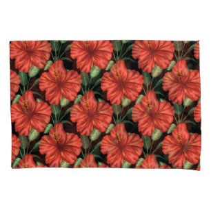 Seamless pattern Tropical red flowers green leaves Pillow Case