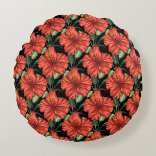 Seamless pattern Tropical red flowers green leaves Round Pillow