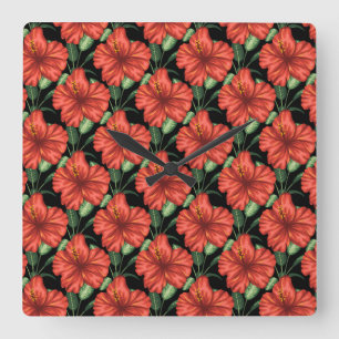 Seamless pattern Tropical red flowers green leaves Square Wall Clock