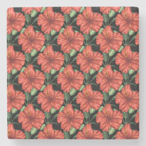 Seamless pattern Tropical red flowers green leaves Stone Coaster