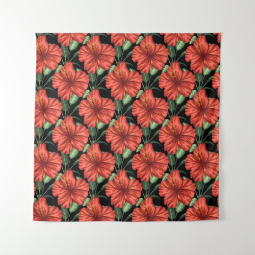 Seamless pattern Tropical red flowers green leaves Tapestry