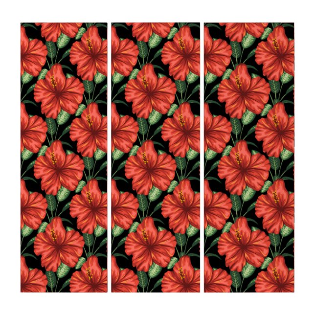 Seamless pattern Tropical red flowers green leaves Triptych (Front)