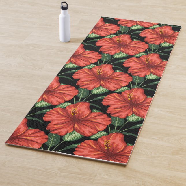 Seamless pattern Tropical red flowers green leaves Yoga Mat (In Situ)