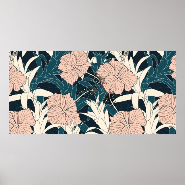 Seamless pattern tropical with pink hibiscus flowe poster (Front)