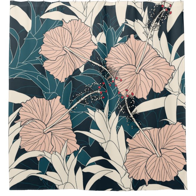 Seamless pattern tropical with pink hibiscus flowe shower curtain (Front)