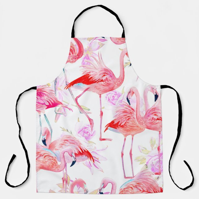 Seamless pattern watercolor roses with pink flamin apron (Front)