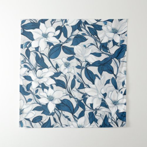 Seamless Pattern White Flowers and Blue Leaves Tapestry