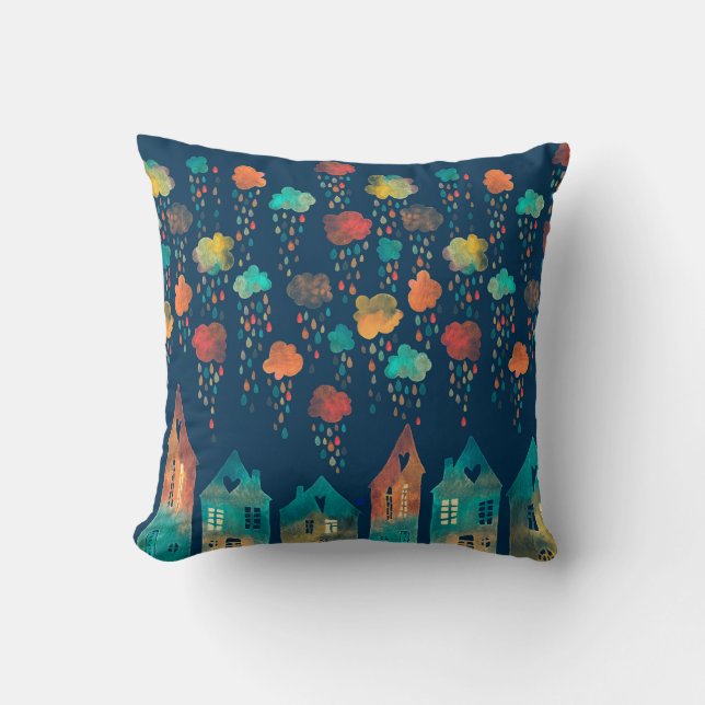 Seamless pattern with a town under the rainy cloud throw pillow (Front)
