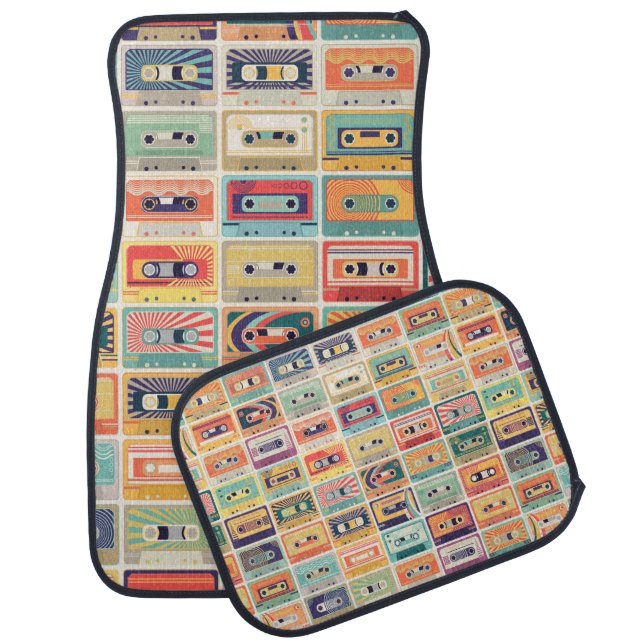 Seamless pattern with audio cassette tapes in a re car floor mat (Set)