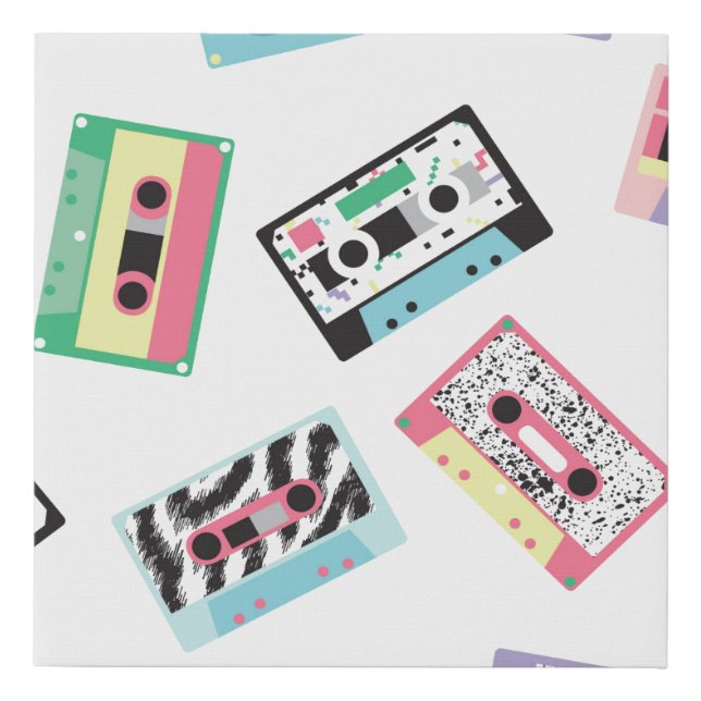 Seamless pattern with audio tapes in retro 80s sty faux canvas print (Front)