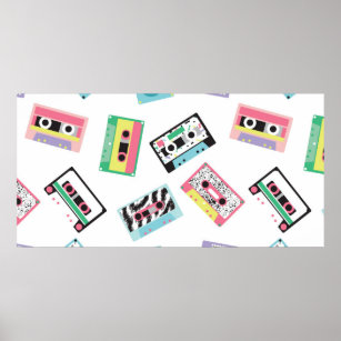 Seamless pattern with audio tapes in retro 80s sty poster