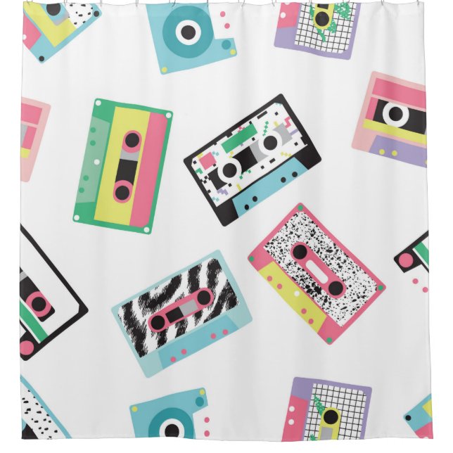 Seamless pattern with audio tapes in retro 80s sty shower curtain (Front)