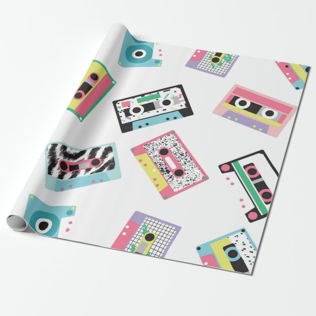 Seamless pattern with audio tapes in retro 80s sty wrapping paper (Unrolled)