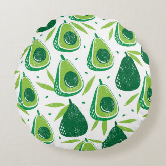 Seamless pattern with avocados. Stamp textured. vi Round Pillow