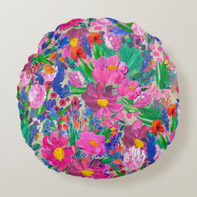 Seamless pattern with Beautiful flowers. Watercolo Round Pillow (Front)