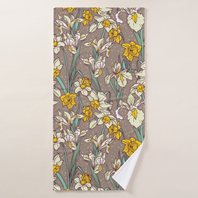 Seamless pattern with beautiful irises and narciss bath towel (Bath Towel)